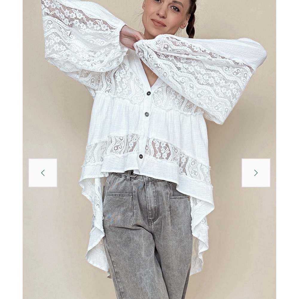 POl Walk In The Clouds Blouse Gauze Oversized Bohemian Lace Hi-Low Hem S Beach
